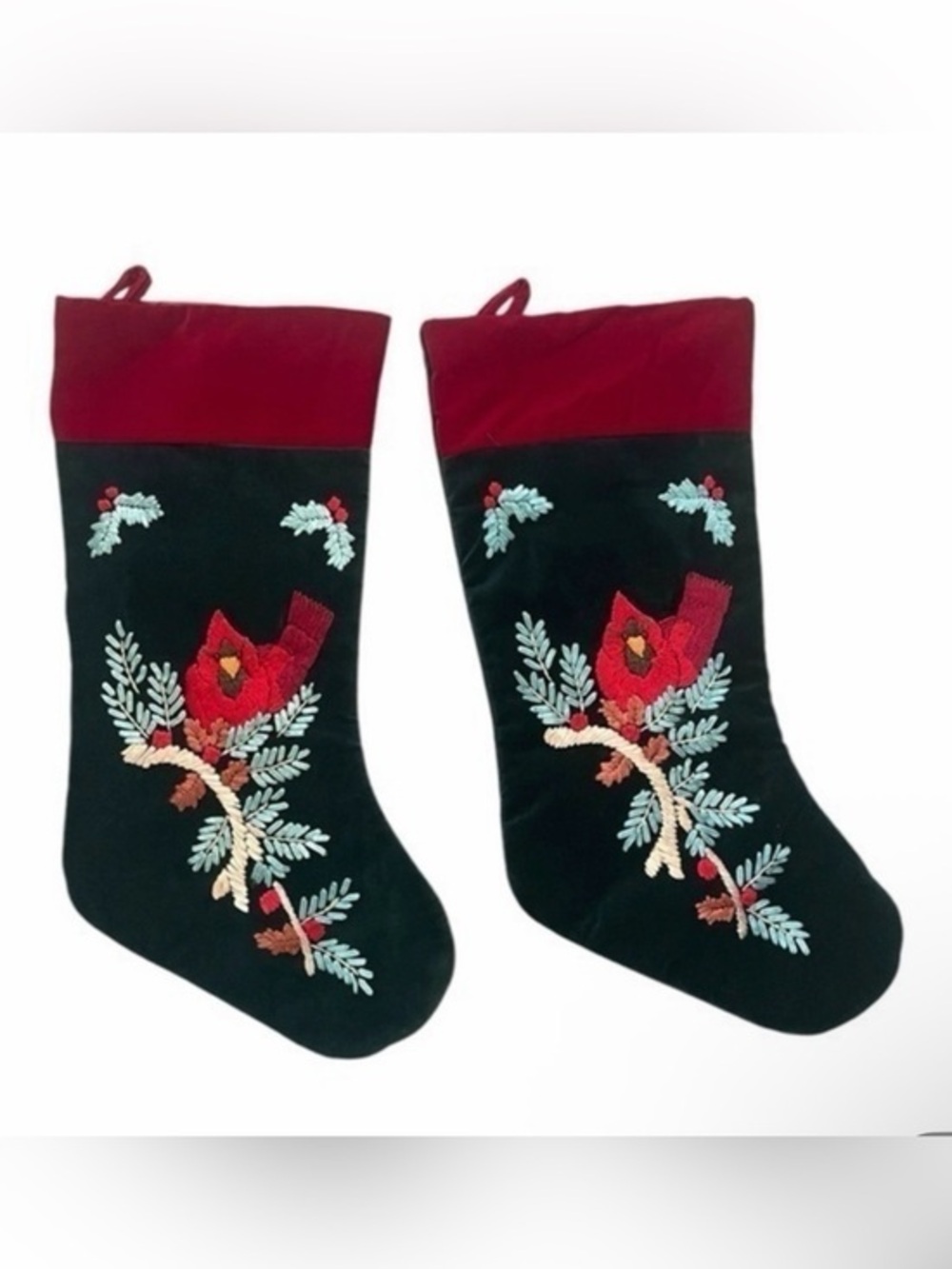 Christmas Stocking green Velvet Red Cardinal embroided set of 2